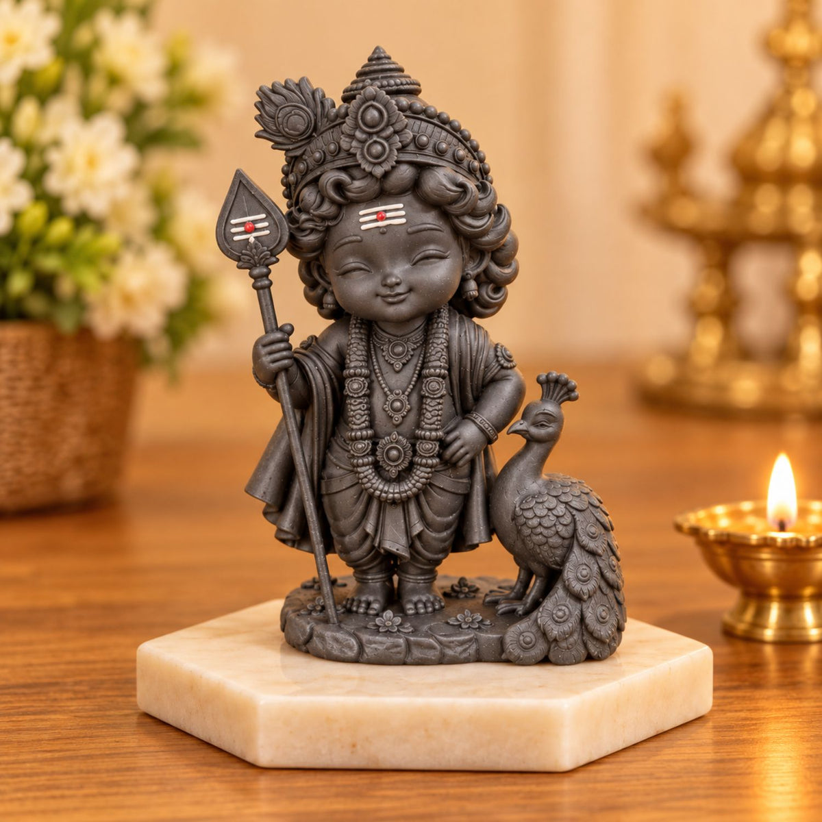 Bala Murugan Swami Black Idol with Peacock 3.5 Inch | Kartikeya Swamy with Peacock Murti