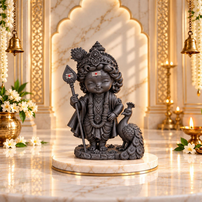 Bala Murugan Swami Black Idol with Peacock 3.5 Inch | Kartikeya Swamy with Peacock Murti