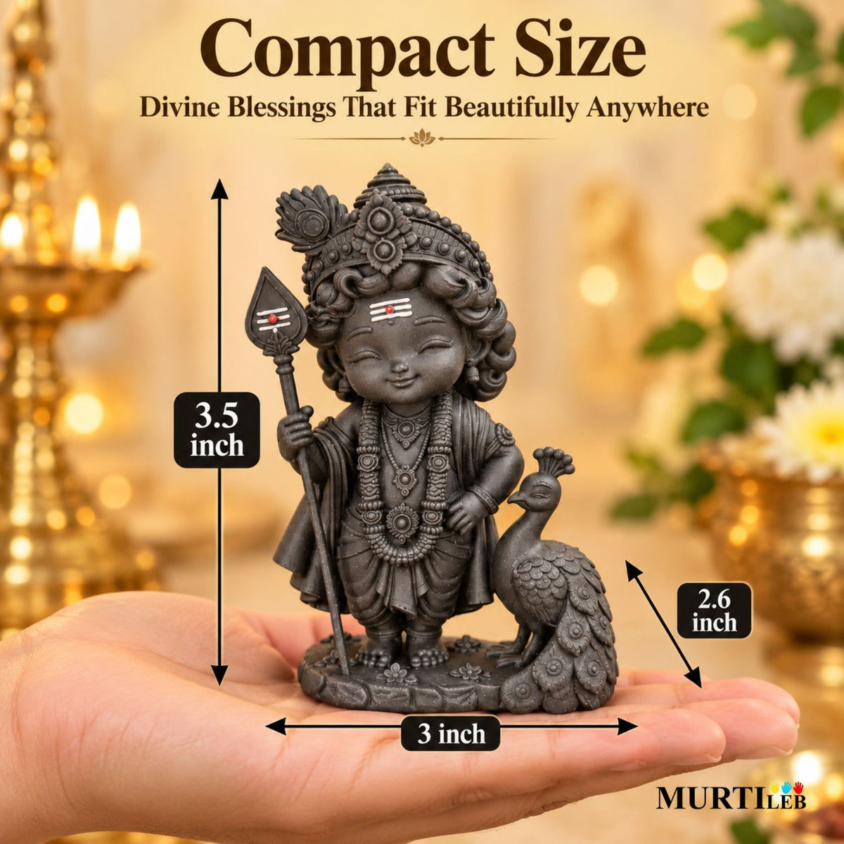 Bala Murugan Swami Black Idol with Peacock 3.5 Inch | Kartikeya Swamy with Peacock Murti