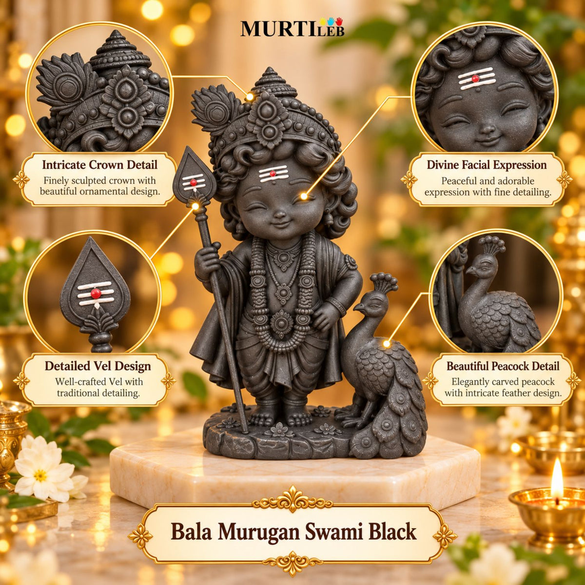 Bala Murugan Swami Black Idol with Peacock 3.5 Inch | Kartikeya Swamy with Peacock Murti
