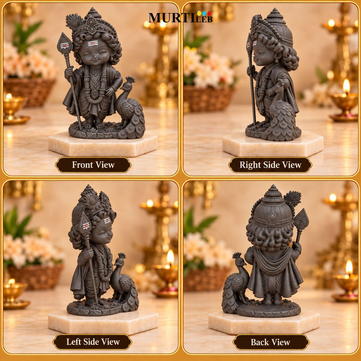 Bala Murugan Swami Black Idol with Peacock 3.5 Inch | Kartikeya Swamy with Peacock Murti