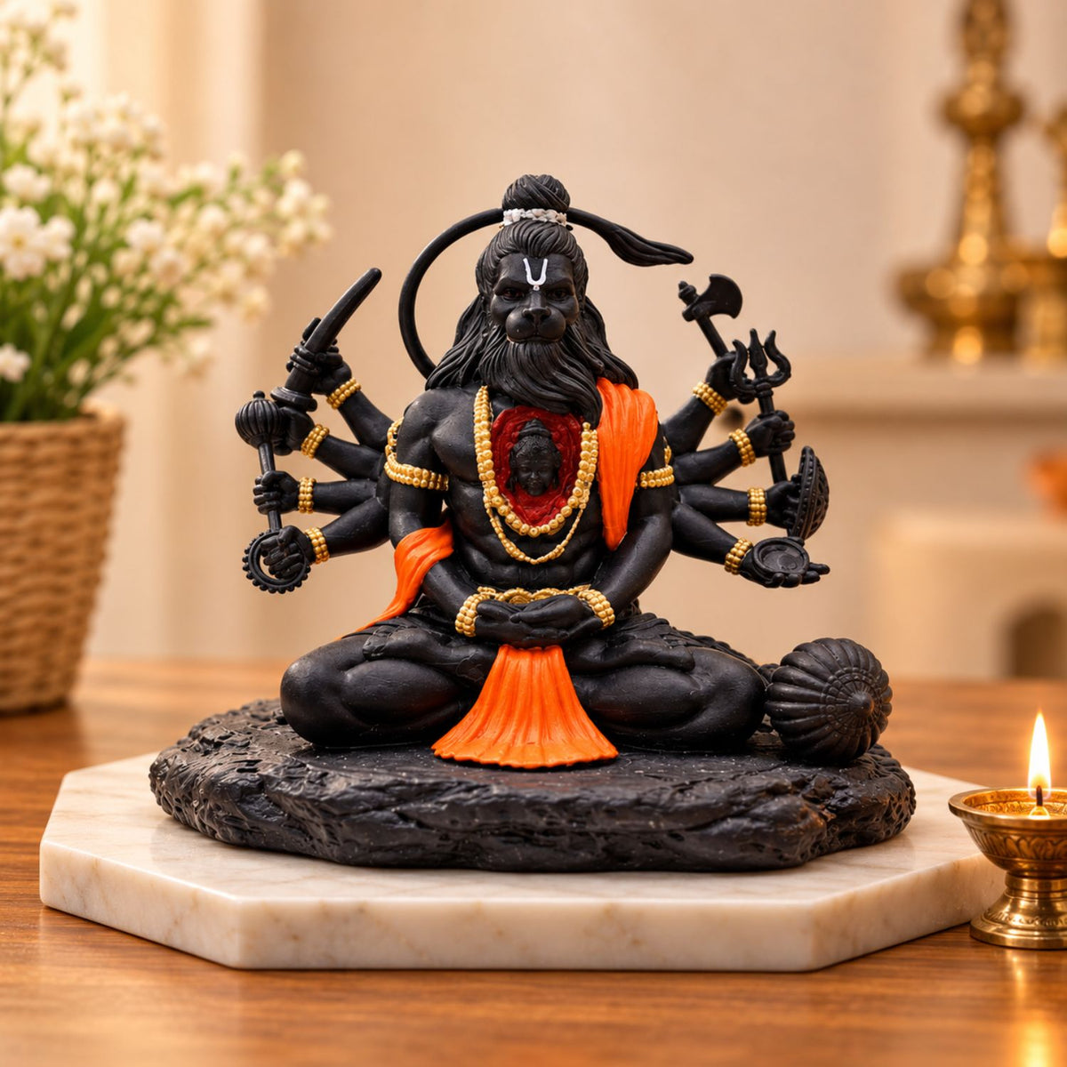 Dashbhuja Hanuman Ji Idol 3.5 Inch Black & Orange | Multi-Armed Hanuman Statue for Home Mandir, Pooja Room, Car Dashboard, Office & Gifting