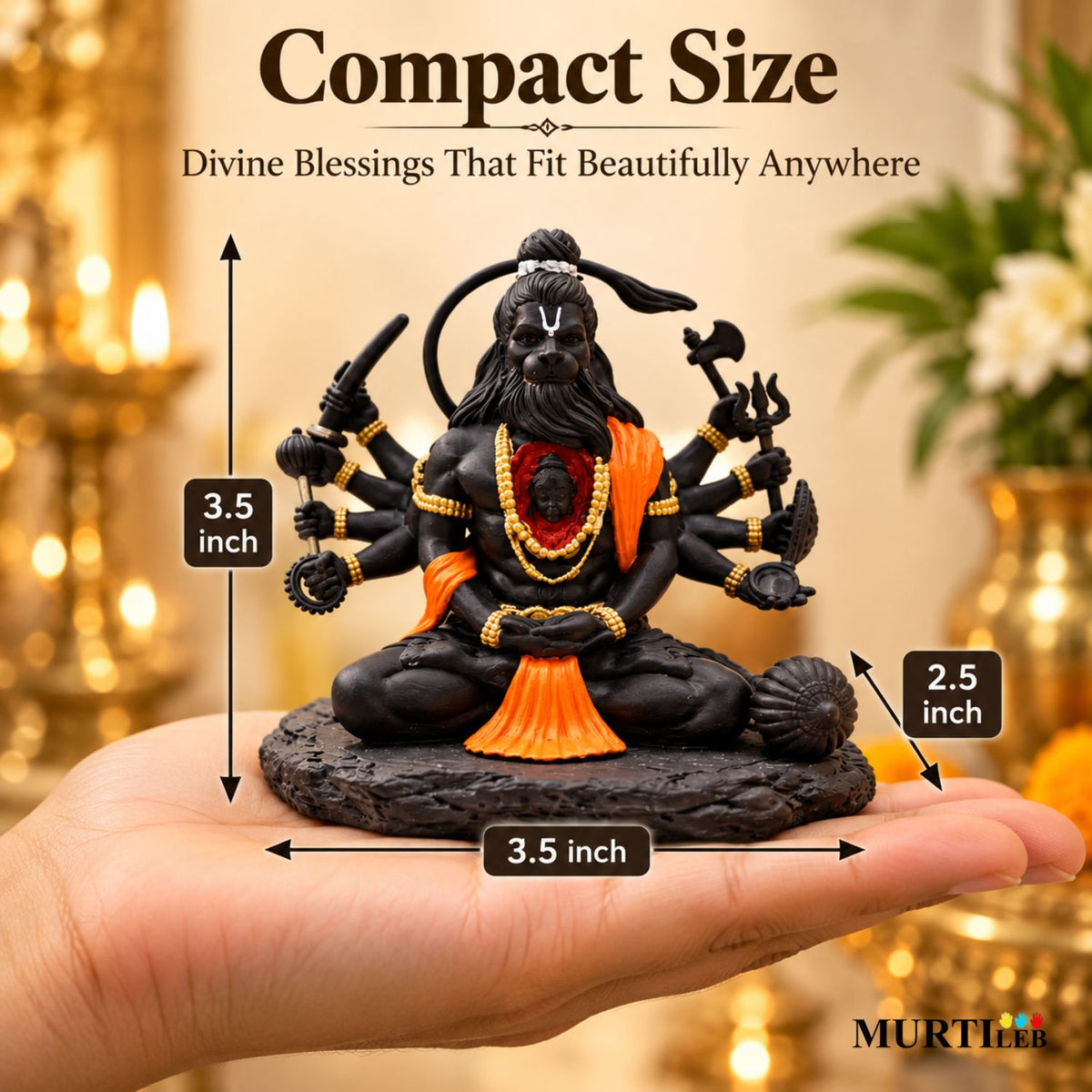 Dashbhuja Hanuman Ji Idol 3.5 Inch Black & Orange | Multi-Armed Hanuman Statue for Home Mandir, Pooja Room, Car Dashboard, Office & Gifting