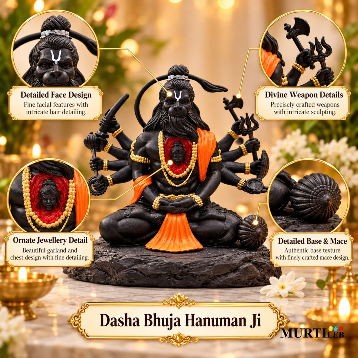 Dashbhuja Hanuman Ji Idol 3.5 Inch Black & Orange | Multi-Armed Hanuman Statue for Home Mandir, Pooja Room, Car Dashboard, Office & Gifting