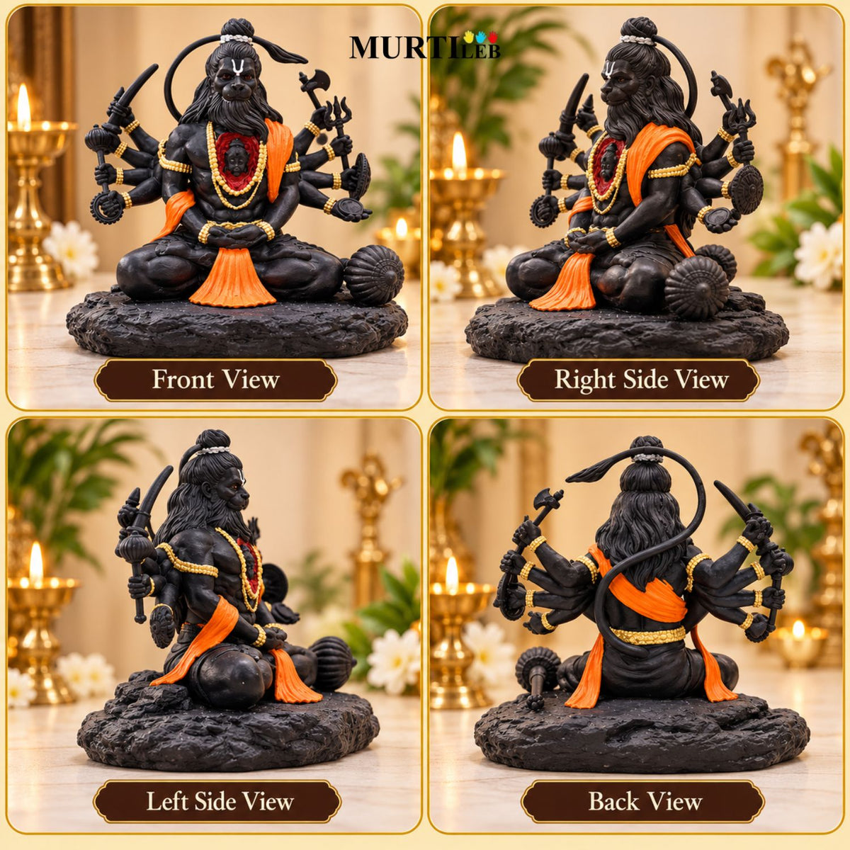 Dashbhuja Hanuman Ji Idol 3.5 Inch Black & Orange | Multi-Armed Hanuman Statue for Home Mandir, Pooja Room, Car Dashboard, Office & Gifting