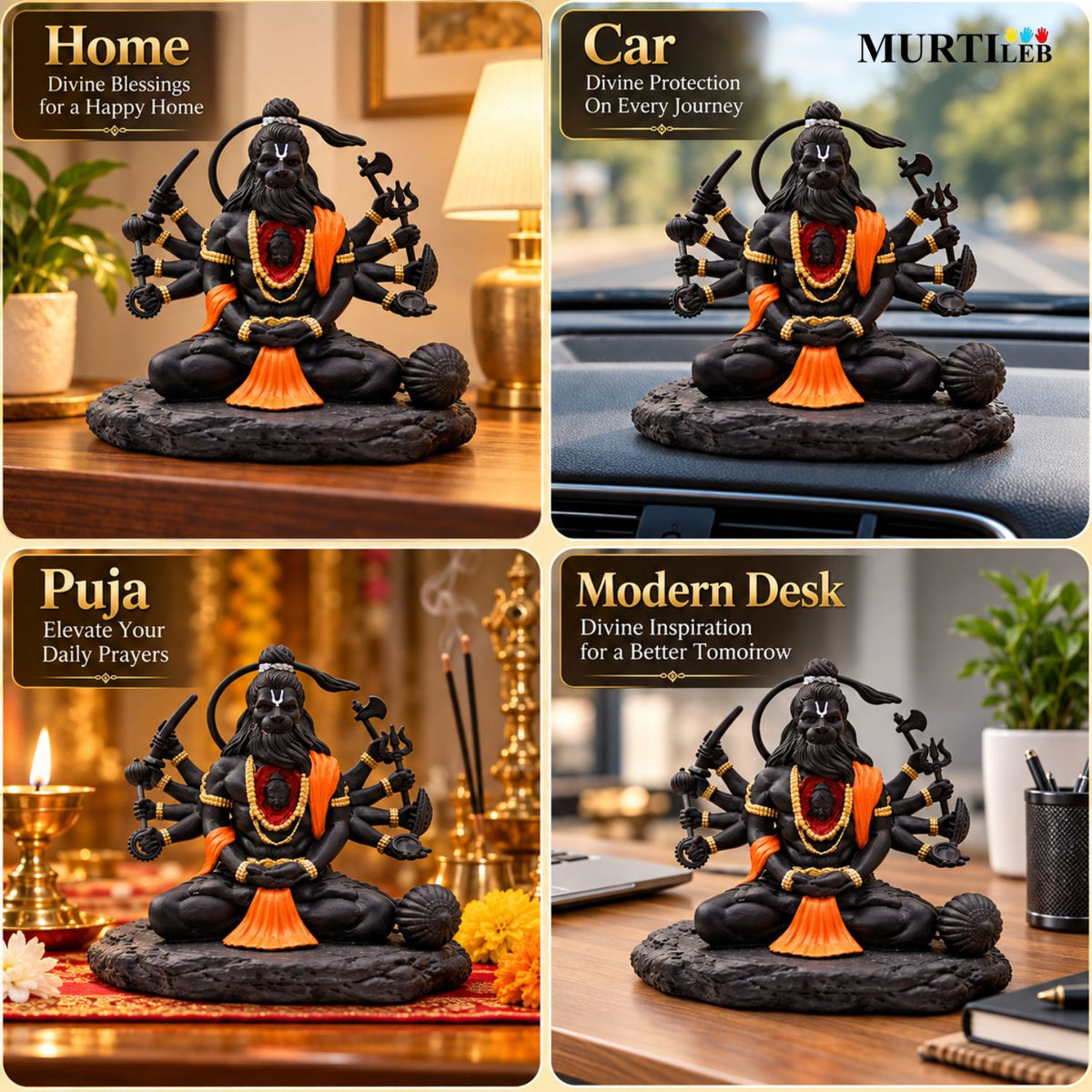 Dashbhuja Hanuman Ji Idol 3.5 Inch Black & Orange | Multi-Armed Hanuman Statue for Home Mandir, Pooja Room, Car Dashboard, Office & Gifting