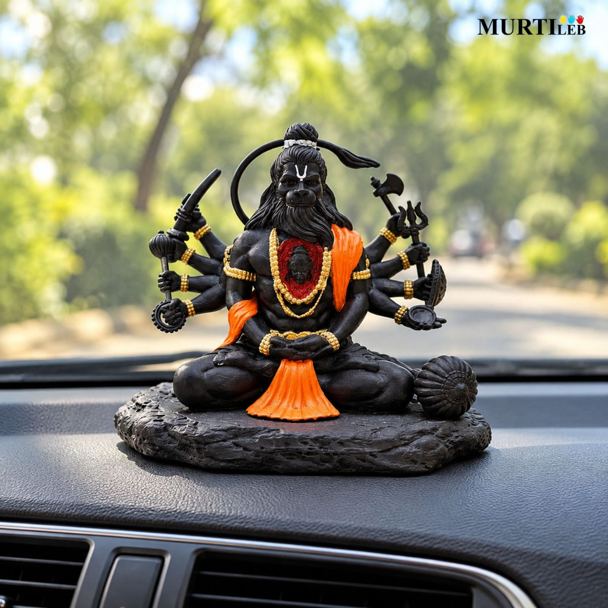 Dashbhuja Hanuman Ji Idol 3.5 Inch Black & Orange | Multi-Armed Hanuman Statue for Home Mandir, Pooja Room, Car Dashboard, Office & Gifting