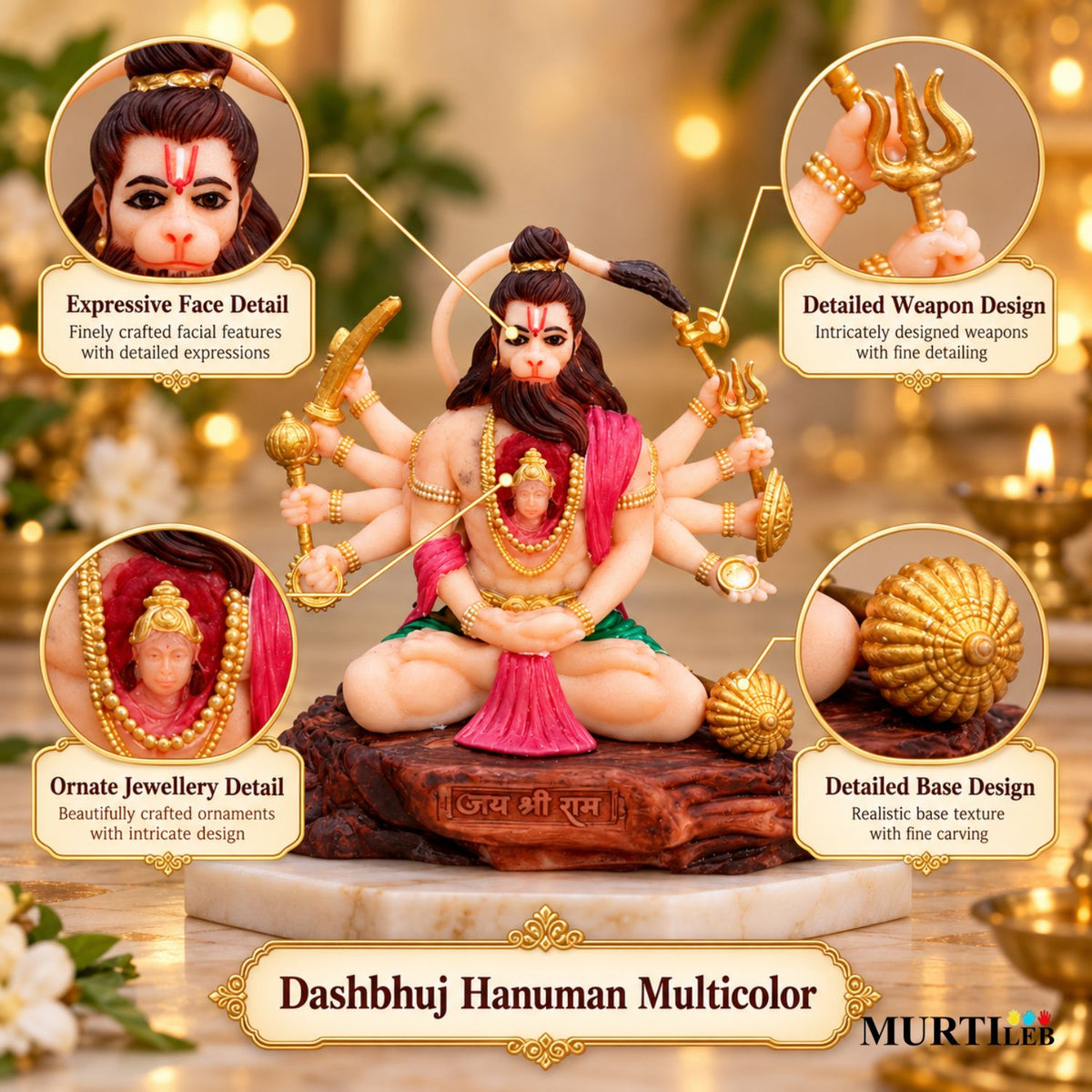 Dashbhuj Hanuman Idol 3.5 Inch Multicolor | Premium UV Resin Hanuman Ji Murti