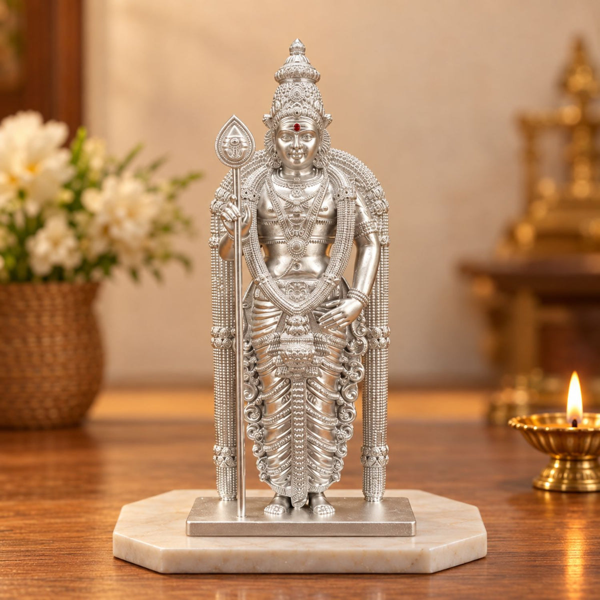 Divine Murugan Silver Idol 4 Inch | Kartikeya Murti for Home Mandir, Pooja Room, Car Dashboard, Office & Gifting