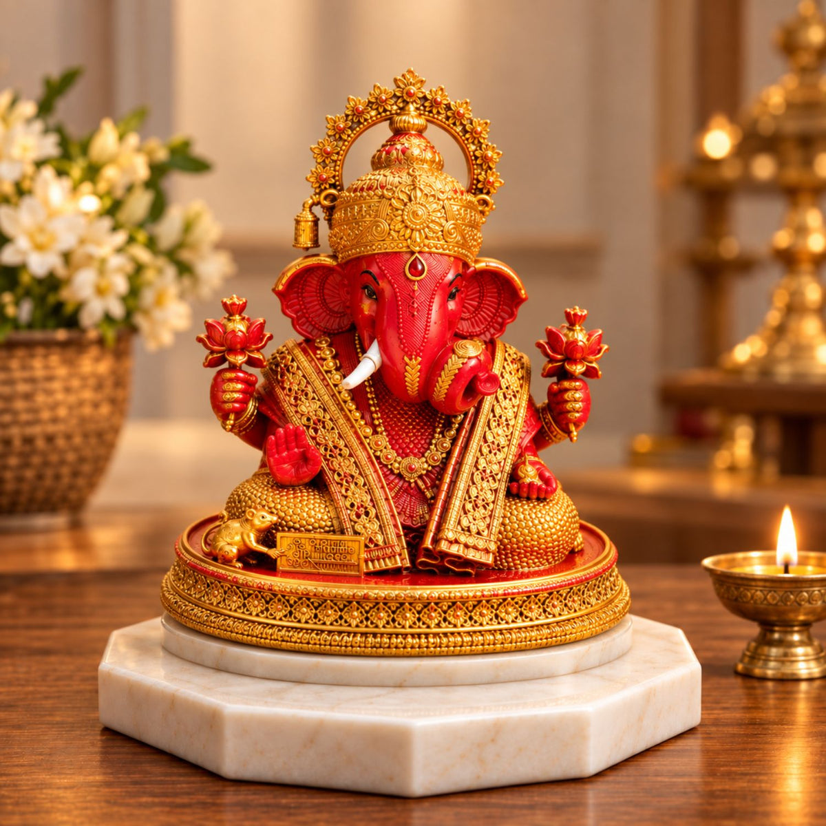 Divine Shree Ganesha Orange & Gold Color 3.5 Inch | Ganpati Bappa Statue for Home Mandir, Pooja Room, Car Dashboard, Office & Gifting