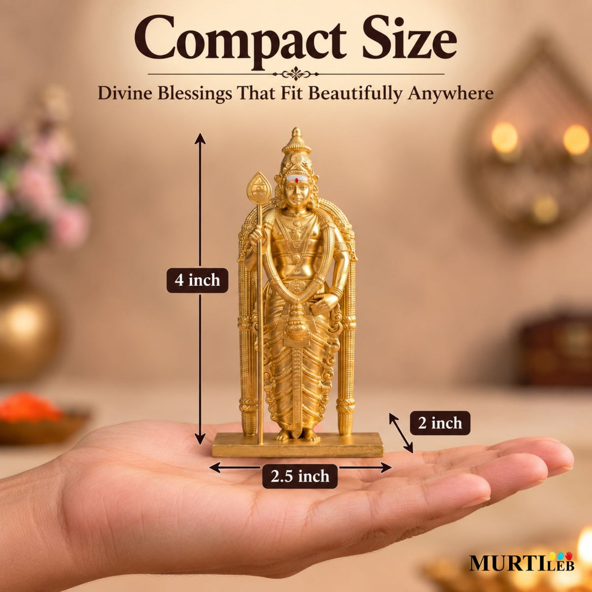 Divine Murugan Gold Idol 4 Inch | Kartikeya Murti for Home Mandir, Pooja Room, Car Dashboard, Office & Gifting