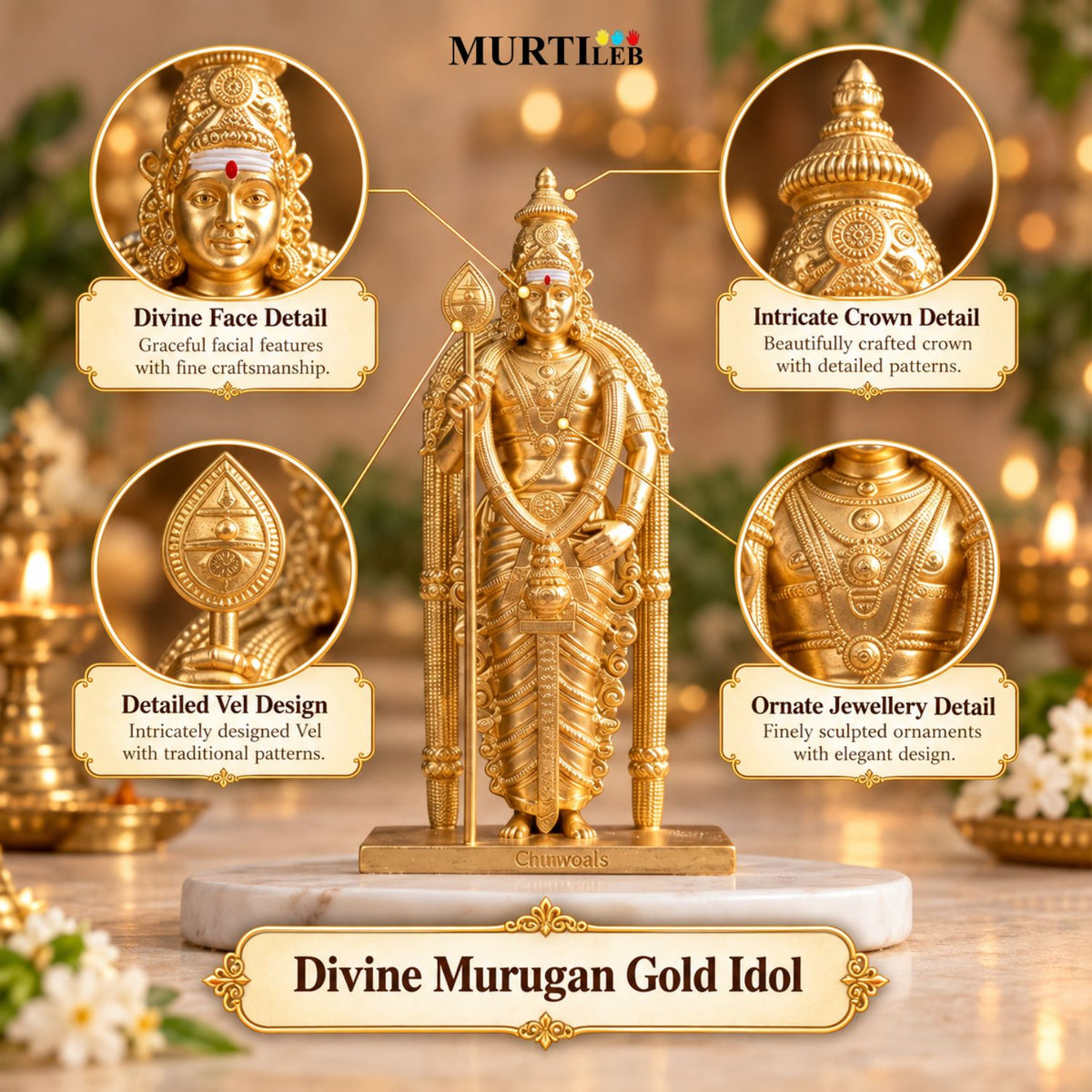 Divine Murugan Gold Idol 7 Inch Kartikeya Murti for Home Mandir, Pooja Room, Office, Display & Gifting