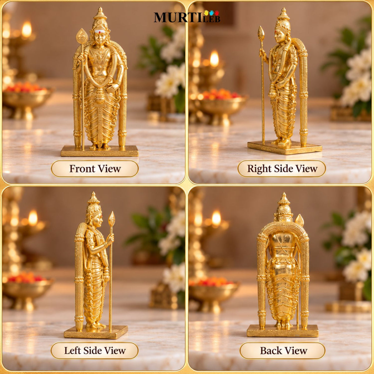 Divine Murugan Gold Idol 7 Inch Kartikeya Murti for Home Mandir, Pooja Room, Office, Display & Gifting
