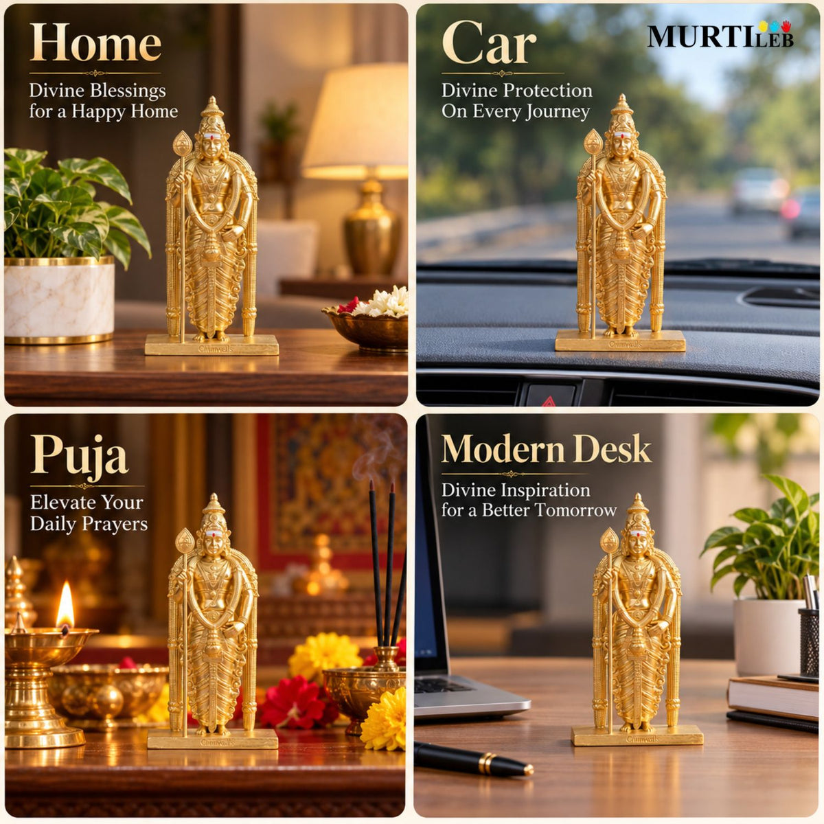 Divine Murugan Gold Idol 7 Inch Kartikeya Murti for Home Mandir, Pooja Room, Office, Display & Gifting