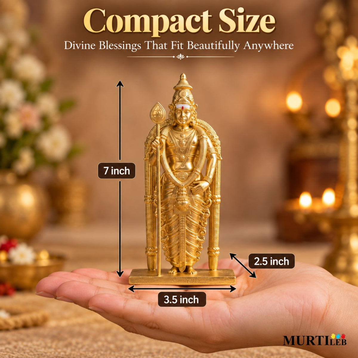 Divine Murugan Gold Idol 7 Inch Kartikeya Murti for Home Mandir, Pooja Room, Office, Display & Gifting