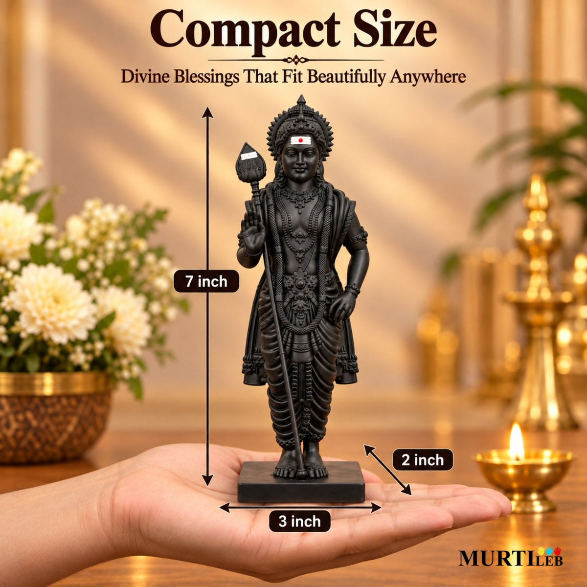 Lord Murugan Swamy Black 7 Inch | Kartikeya Swamy Murti for Home Mandir, Pooja Room, Office, Display & Gifting