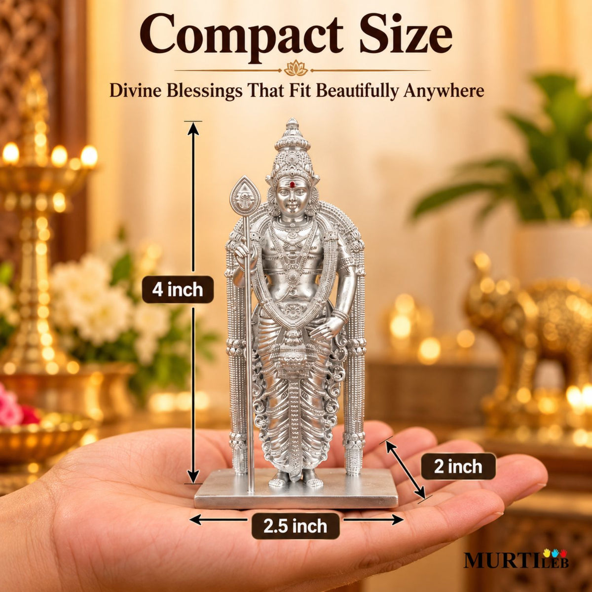 Divine Murugan Silver Idol 4 Inch | Kartikeya Murti for Home Mandir, Pooja Room, Car Dashboard, Office & Gifting