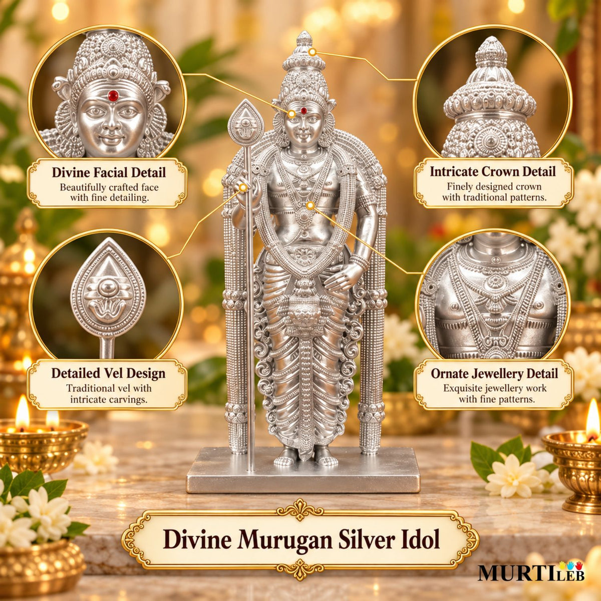 Divine Murugan Silver Idol 4 Inch | Kartikeya Murti for Home Mandir, Pooja Room, Car Dashboard, Office & Gifting