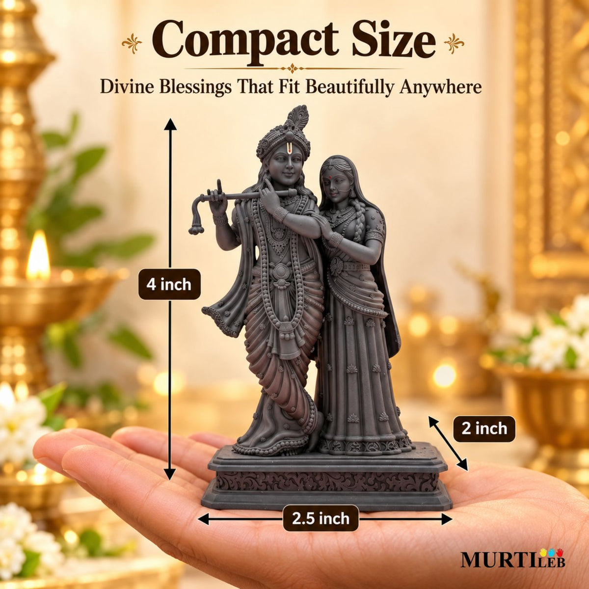 Divine Radha Krishna Idol Black Edition 4 Inch for Home Mandir, Pooja Room, Car Dashboard, Office & Gifting