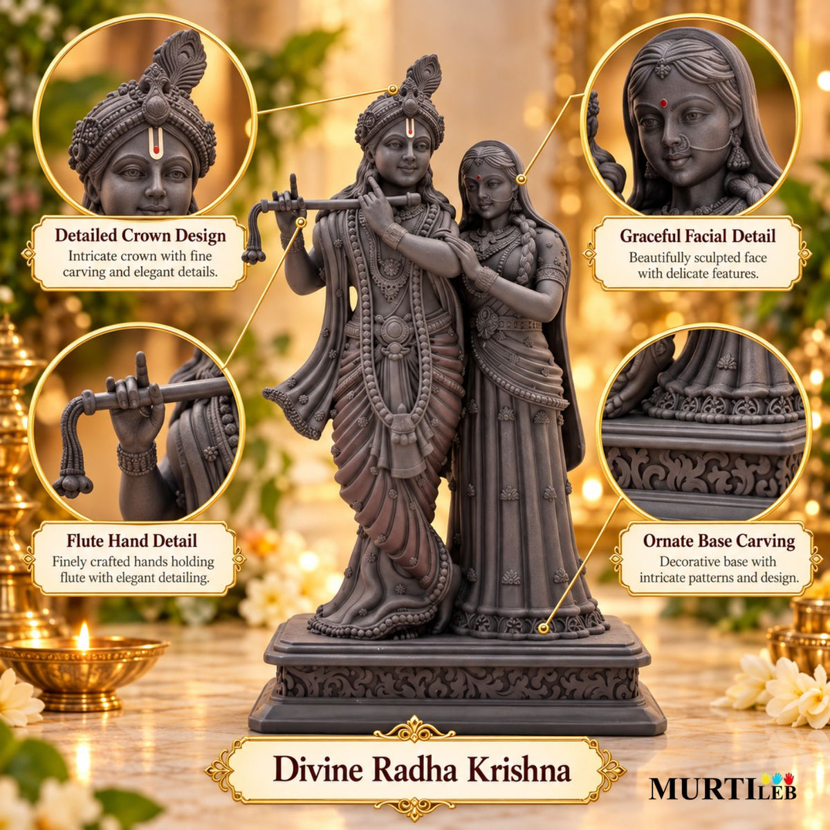 Divine Radha Krishna Idol Black Edition 4 Inch for Home Mandir, Pooja Room, Car Dashboard, Office & Gifting