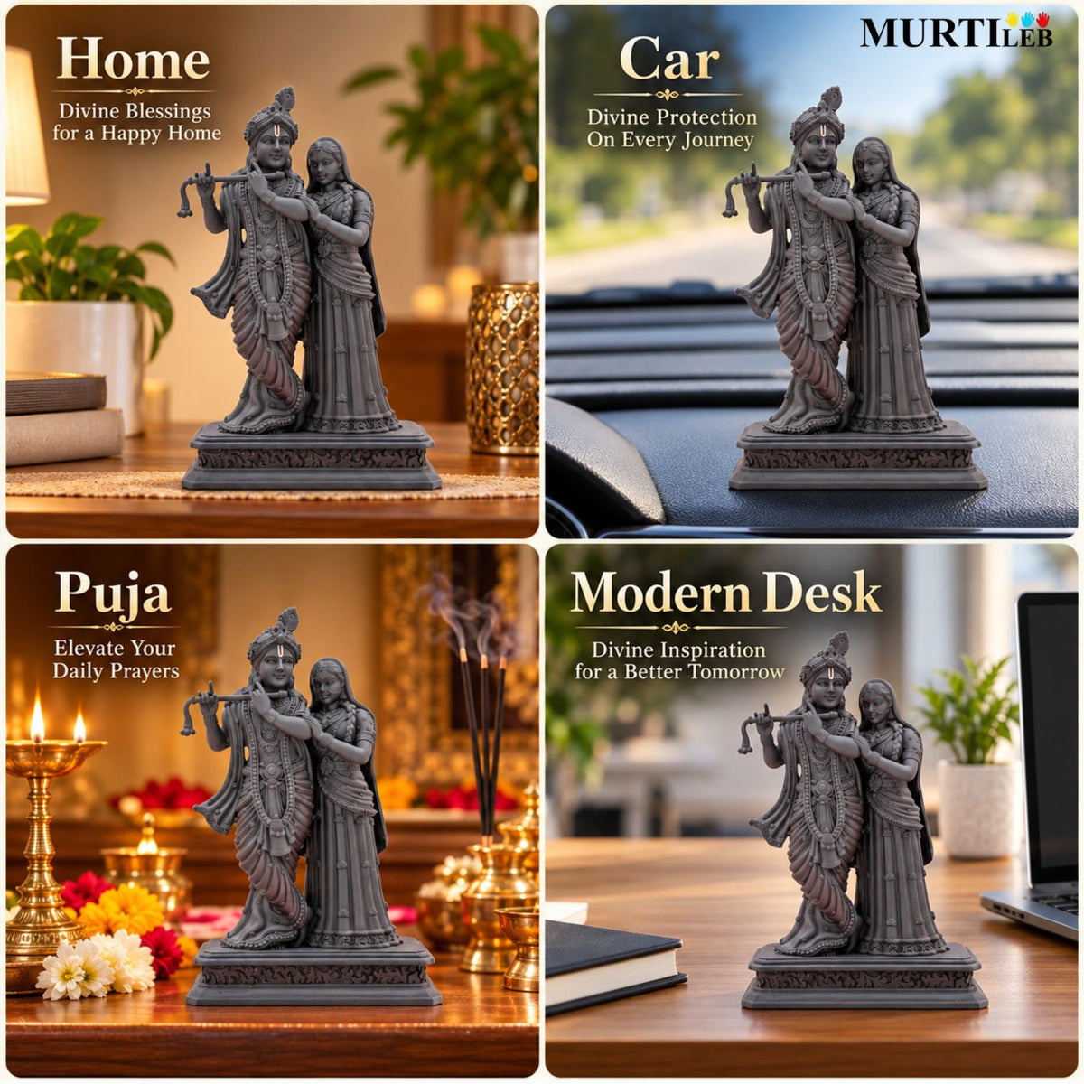 Divine Radha Krishna Idol Black Edition 4 Inch for Home Mandir, Pooja Room, Car Dashboard, Office & Gifting