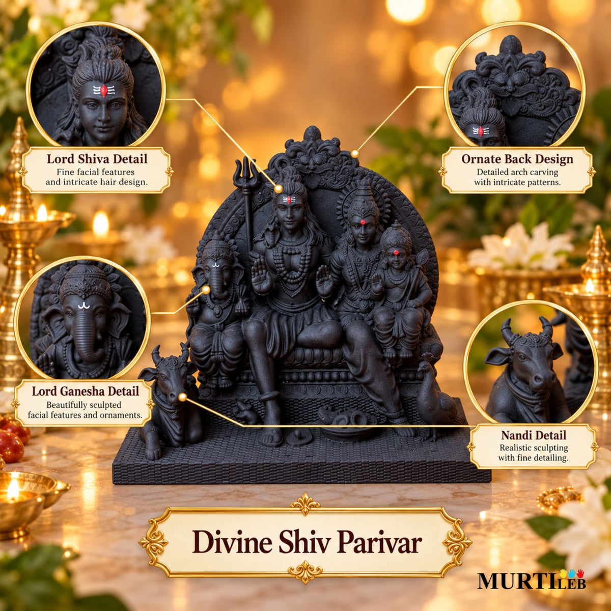 Shiv Parivar UV Resin Idol for Car Dashboard 3.5 Inch | Premium Matte Black Finish | Solid Resin Murti for Car, Home Mandir, Pooja Room, Office & Gifting