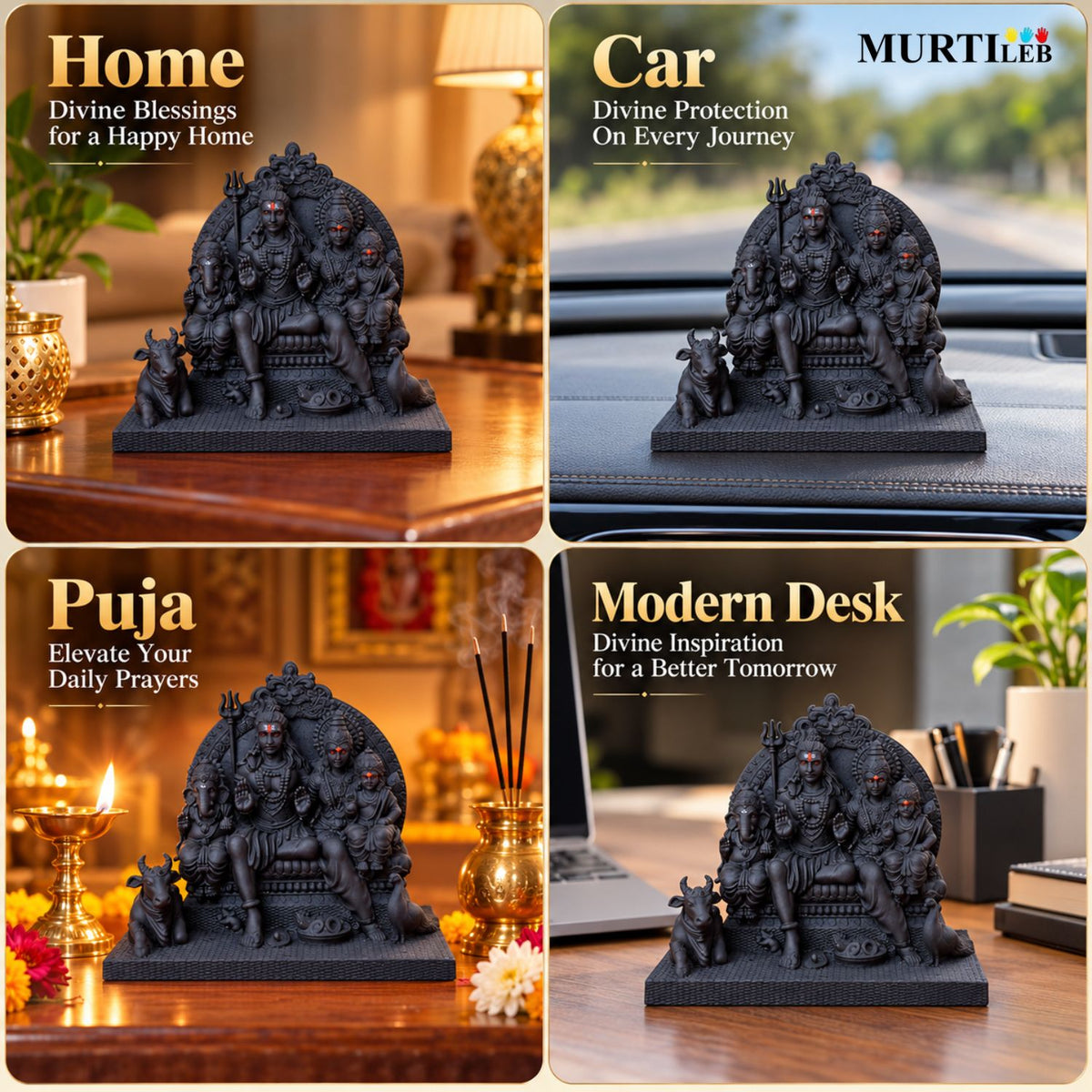 Shiv Parivar UV Resin Idol for Car Dashboard 3.5 Inch | Premium Matte Black Finish | Solid Resin Murti for Car, Home Mandir, Pooja Room, Office & Gifting