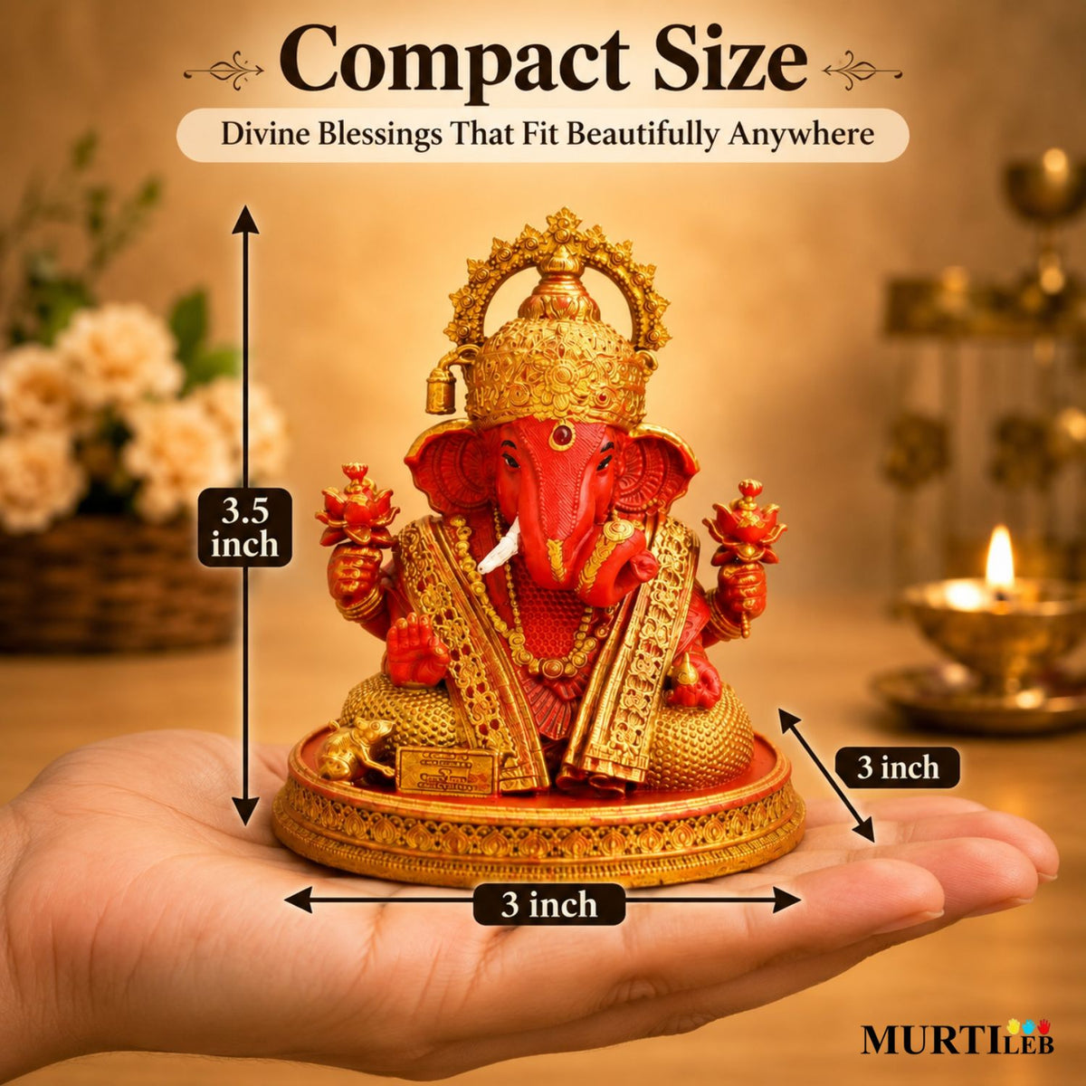 Divine Shree Ganesha Orange & Gold Color 3.5 Inch | Ganpati Bappa Statue for Home Mandir, Pooja Room, Car Dashboard, Office & Gifting