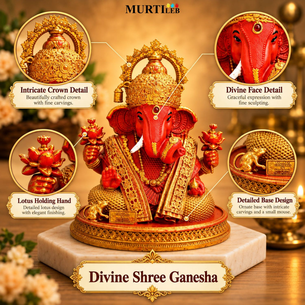 Divine Shree Ganesha Orange & Gold Color 3.5 Inch | Ganpati Bappa Statue for Home Mandir, Pooja Room, Car Dashboard, Office & Gifting