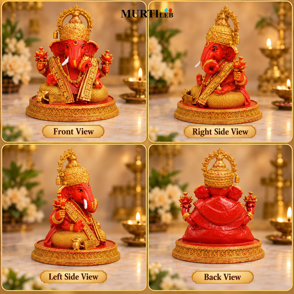 Divine Shree Ganesha Orange & Gold Color 3.5 Inch | Ganpati Bappa Statue for Home Mandir, Pooja Room, Car Dashboard, Office & Gifting
