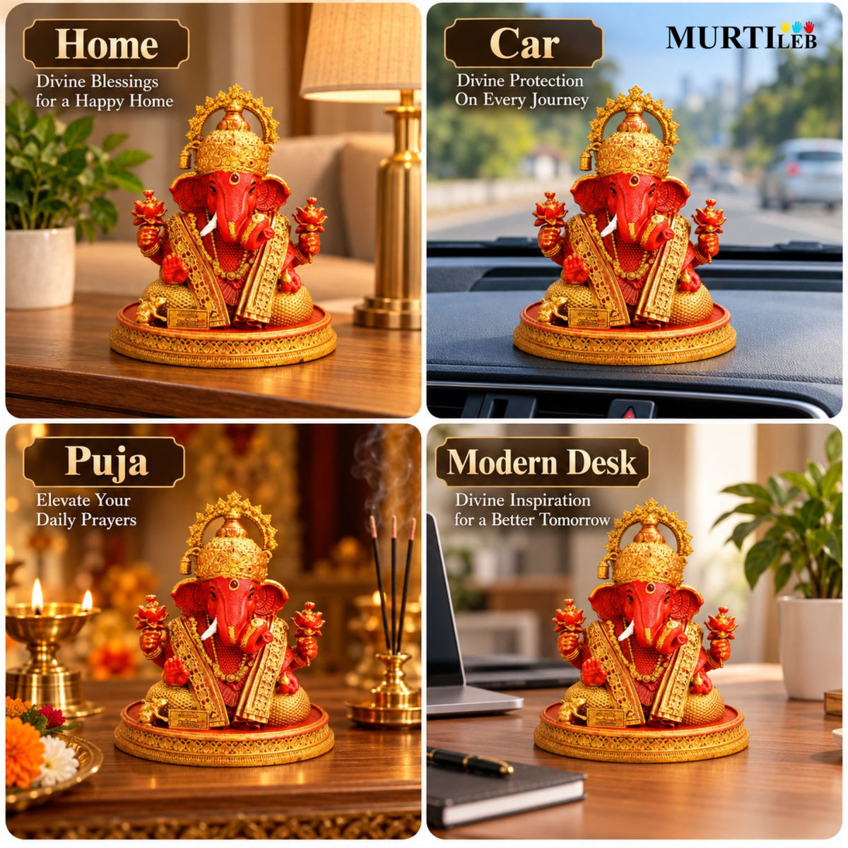 Divine Shree Ganesha Orange & Gold Color 3.5 Inch | Ganpati Bappa Statue for Home Mandir, Pooja Room, Car Dashboard, Office & Gifting