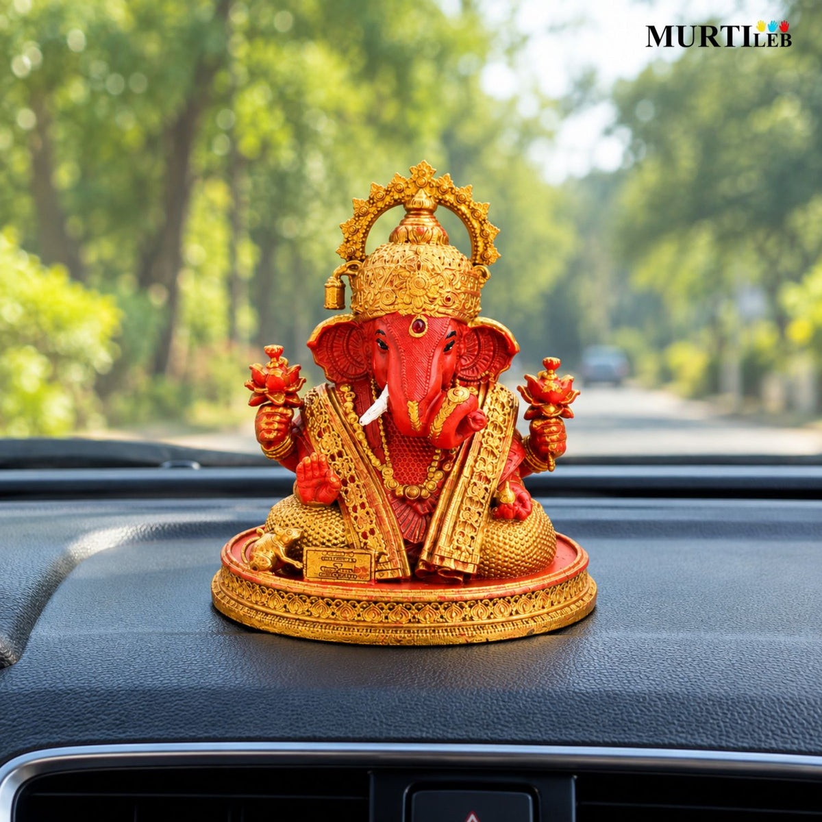 Divine Shree Ganesha Orange & Gold Color 3.5 Inch | Ganpati Bappa Statue for Home Mandir, Pooja Room, Car Dashboard, Office & Gifting