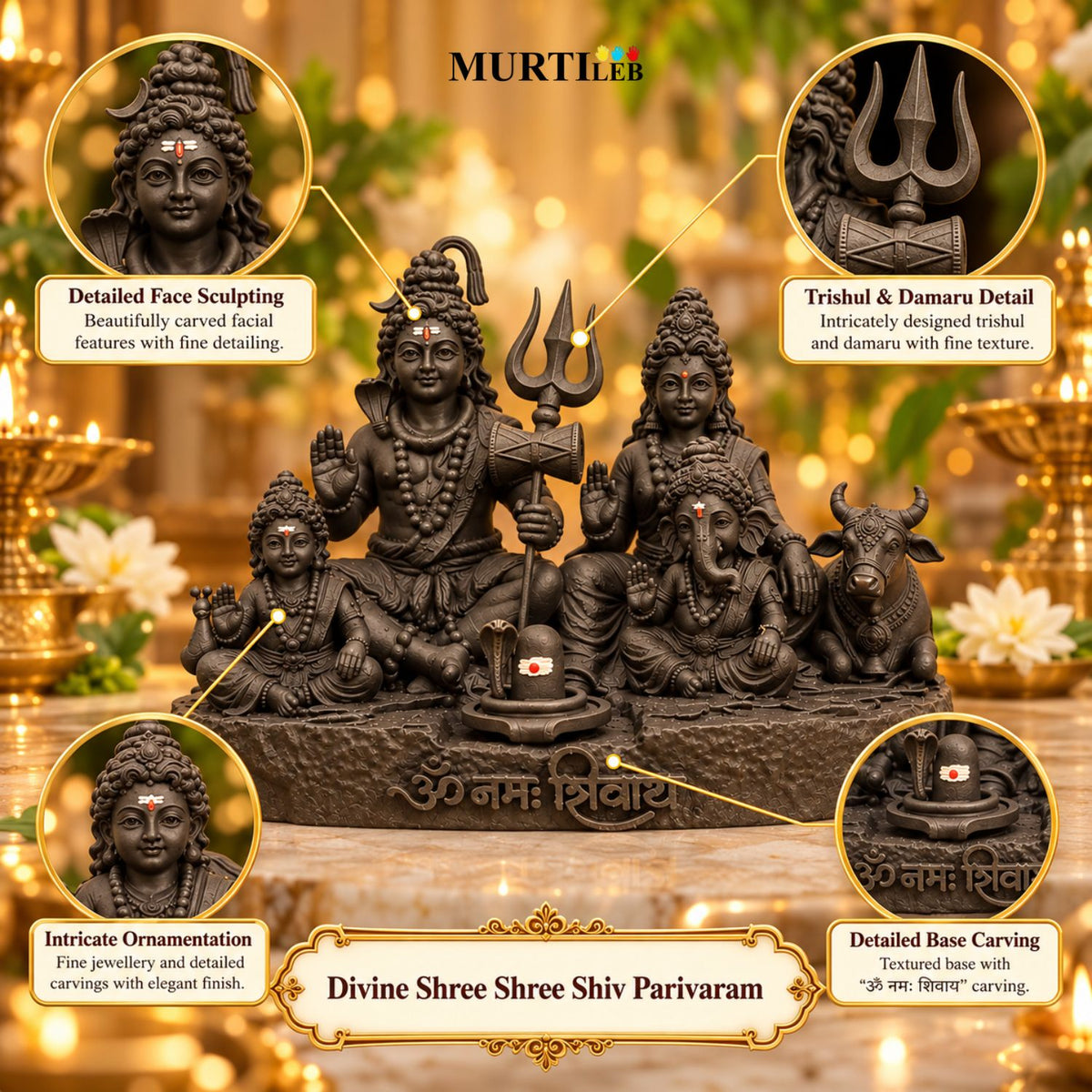Divine Shree Shiv Parivaram Black Idol 3.5 Inch | Lord Shiva, Maa Parvati, Lord Ganesha & Kartikeya Murti