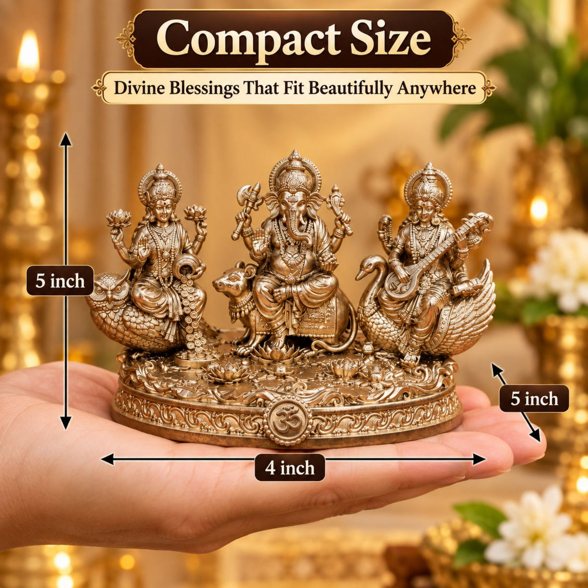 Lakshmi Ganesh Saraswati Gold Idol 5 Inch