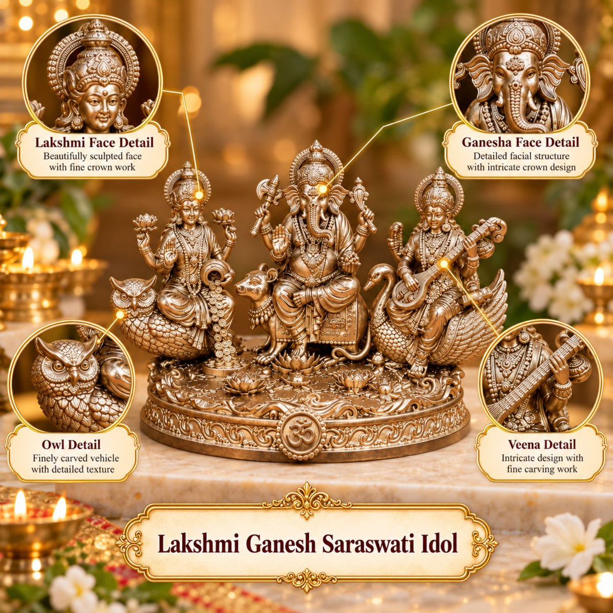 Lakshmi Ganesh Saraswati Gold Idol 5 Inch