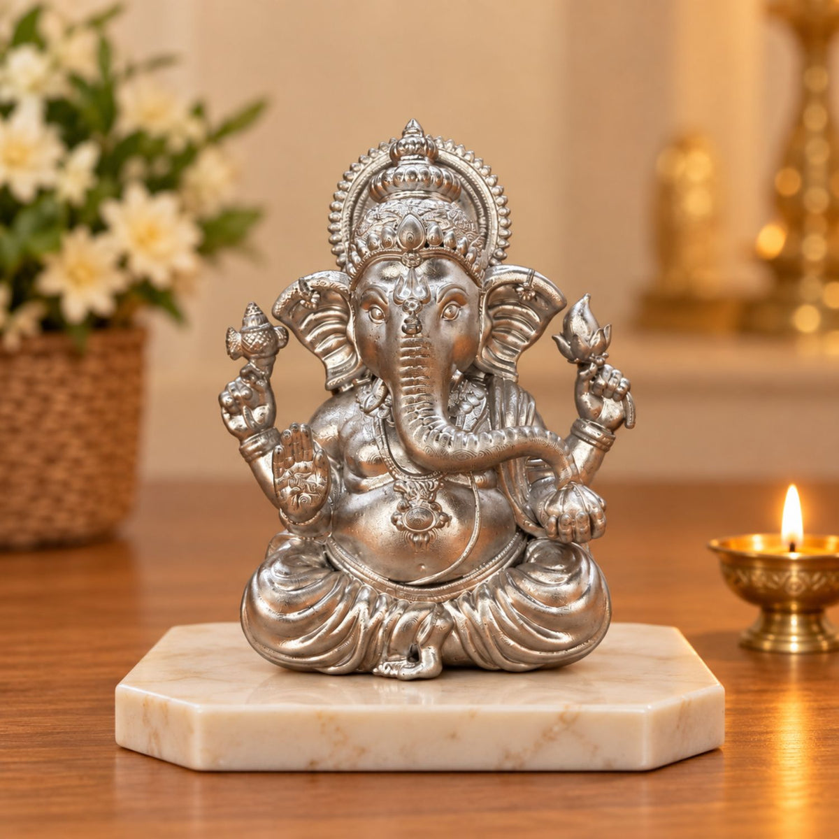 Lord Silver Ganesha Idol 3.5 Inch | Premium Silver Finish UV Resin Ganesh Murti for Decor, Car Dashboard, Home, Office & Gifting
