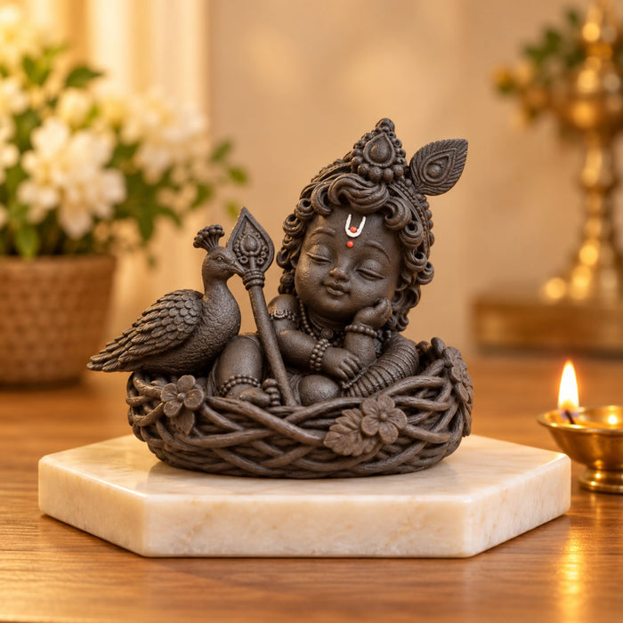 Lord Sleeping Bala Murugan Black Idol 3.5 Inch | Peaceful Sleeping Kartikeya Murti for Home Mandir, Pooja Room, Office, Car Dashboard & Gifting