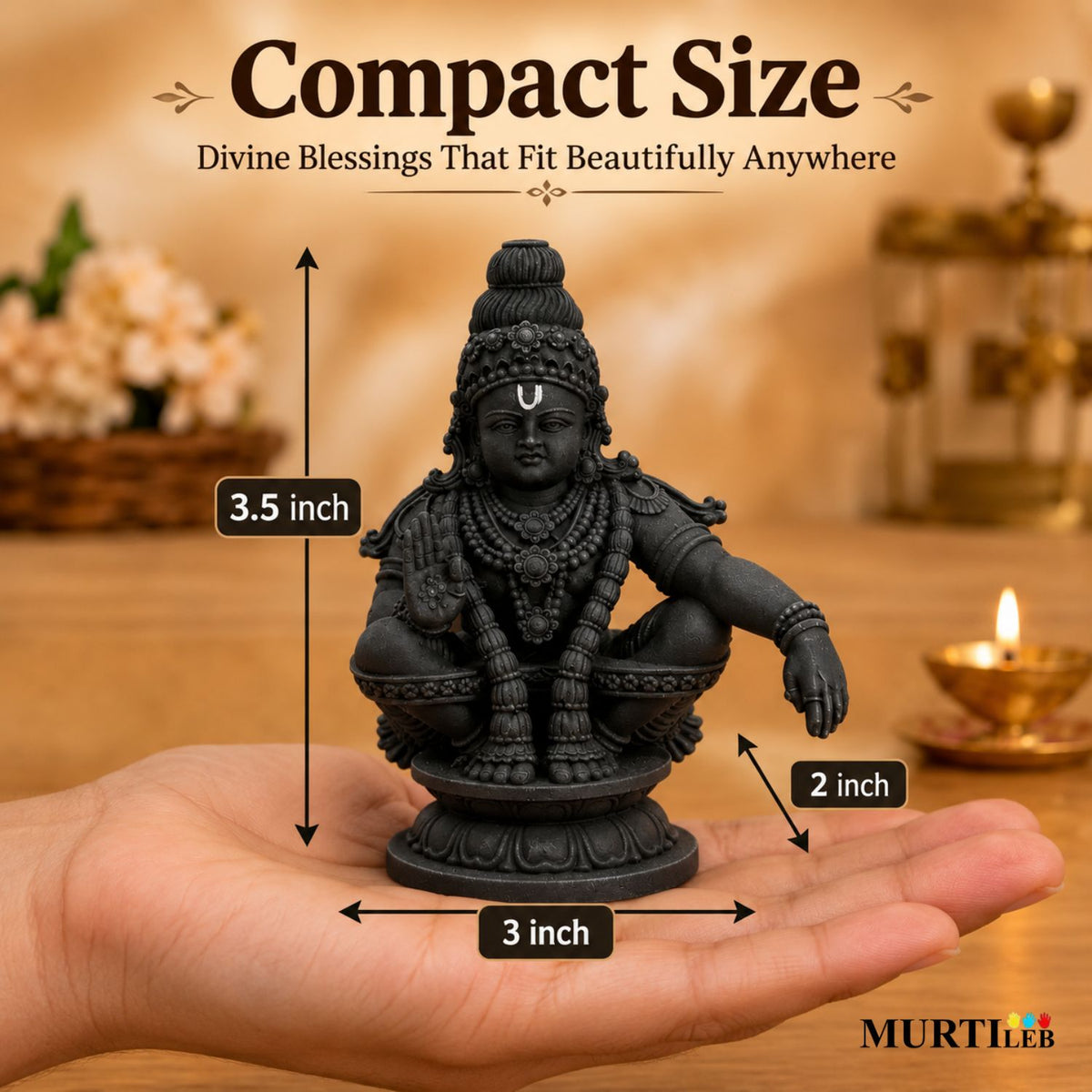 Lord Ayyappan Swami Black Idol 3.5 Inch | Devotional Statue for Home Mandir, Pooja Room, Car Dashboard, Office & Gifting
