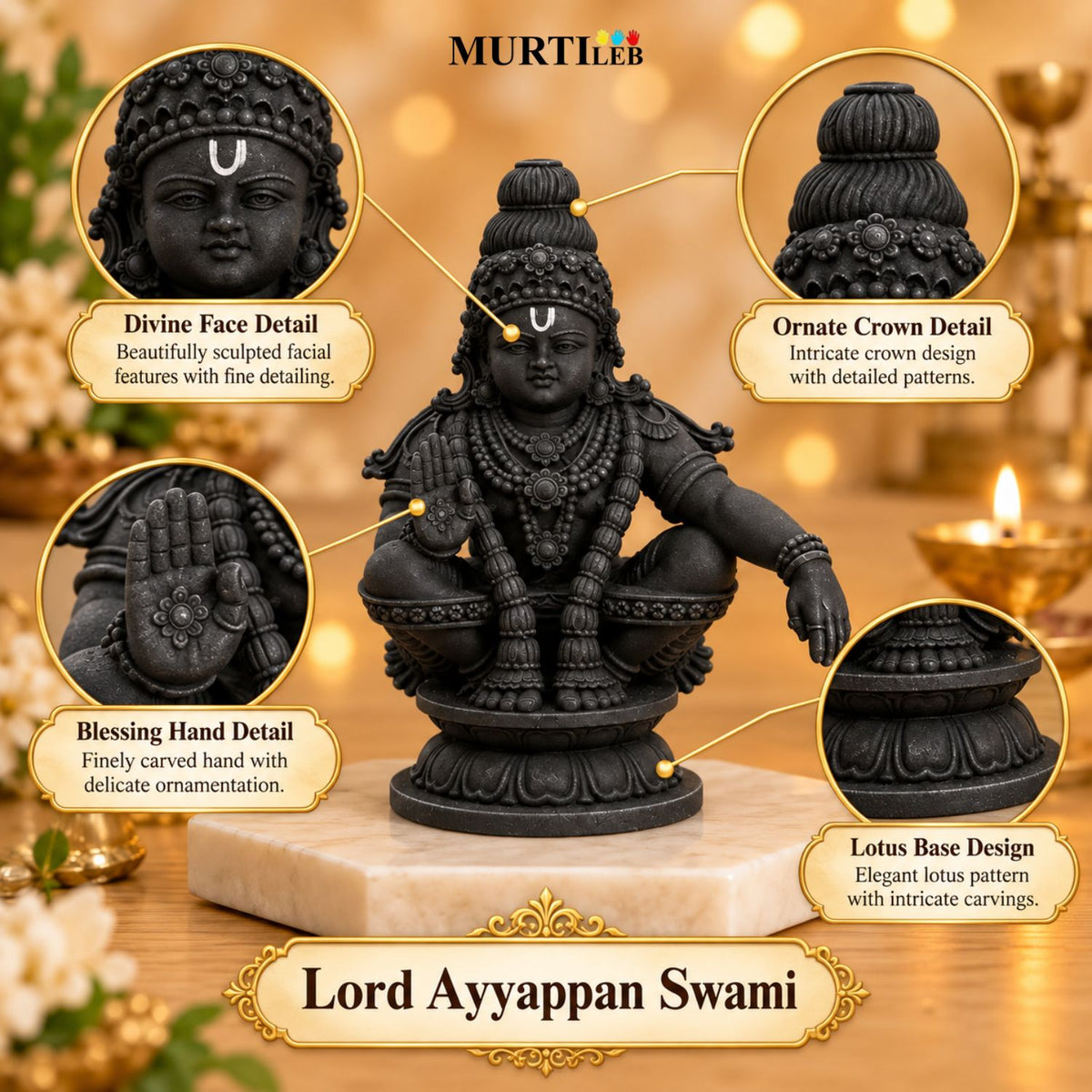 Lord Ayyappan Swami Black Idol 3.5 Inch | Devotional Statue for Home Mandir, Pooja Room, Car Dashboard, Office & Gifting