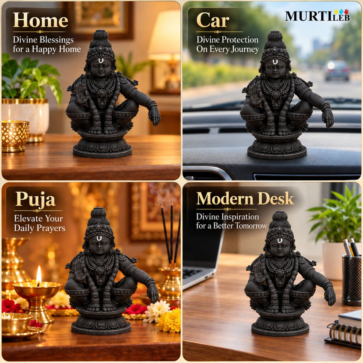 Lord Ayyappan Swami Black Idol 3.5 Inch | Devotional Statue for Home Mandir, Pooja Room, Car Dashboard, Office & Gifting