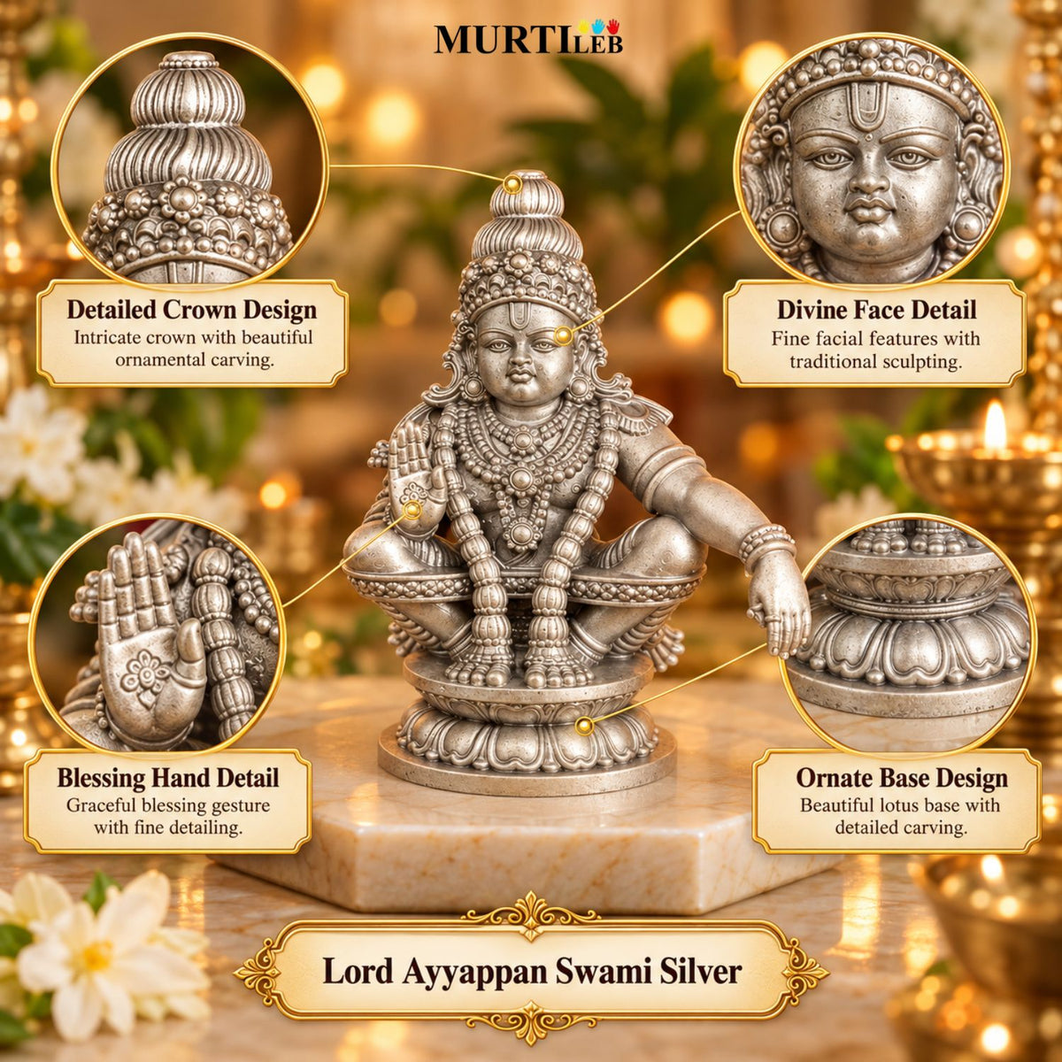 Lord Ayyappan Swami Silver Idol 3.5 Inch