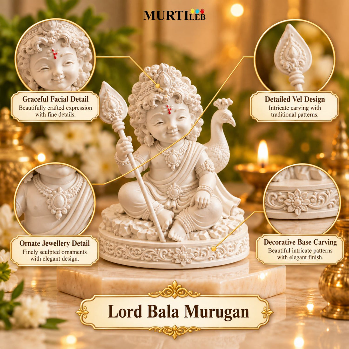 Lord Bala Murugan White Idol 3.5 Inch | Premium UV Resin Kartikey Statue