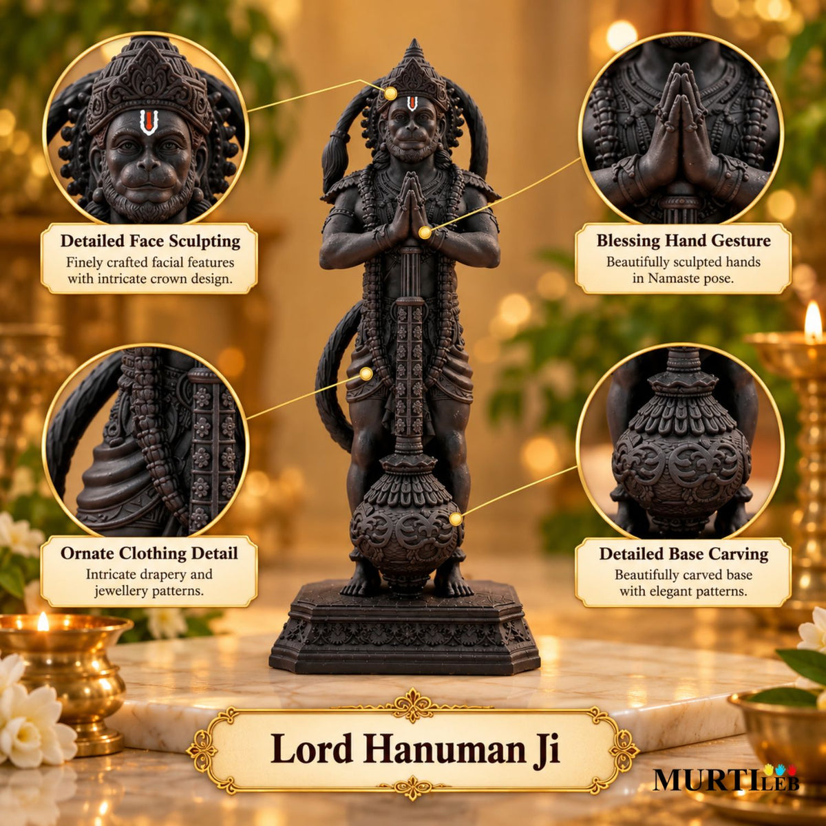 Lord Hanuman Idol 7 Inch Black | Detailed Bajrangbali Statue for Home Mandir, Pooja Room, Office, Car Dashboard & Gifting