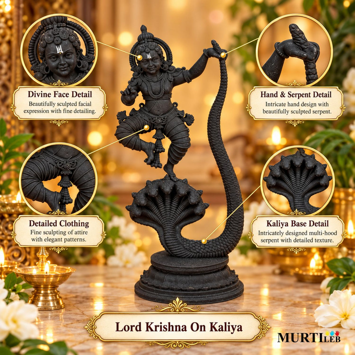Lord Krishna on Kaliya 4" Idol, 3D Printed Premium Idol