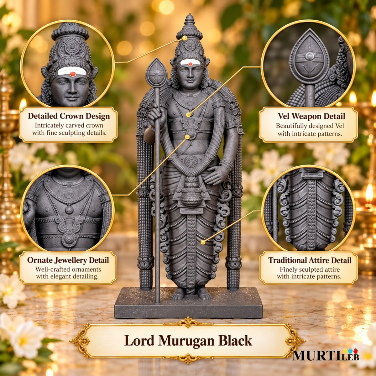 Lord Murugan Black Idol 7 Inch | Premium Black Finish UV Resin Murugan Swamy Statue