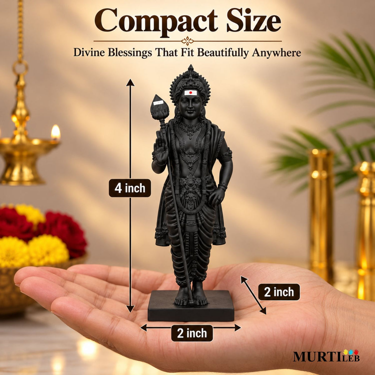 Lord Murugan Swamy 4 Inch Black | Premium UV Resin Murugan Statue | Divine Subramanya Murti for Home Mandir, Pooja Room, Office, Car Dashboard & Gifting