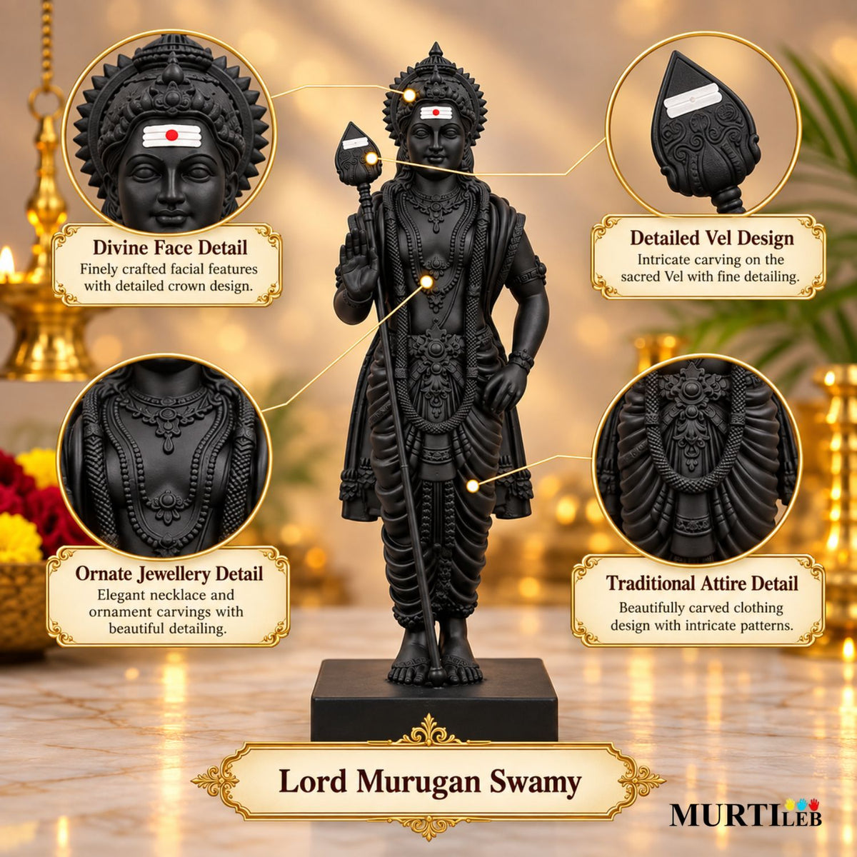 Lord Murugan Swamy 4 Inch Black | Premium UV Resin Murugan Statue | Divine Subramanya Murti for Home Mandir, Pooja Room, Office, Car Dashboard & Gifting