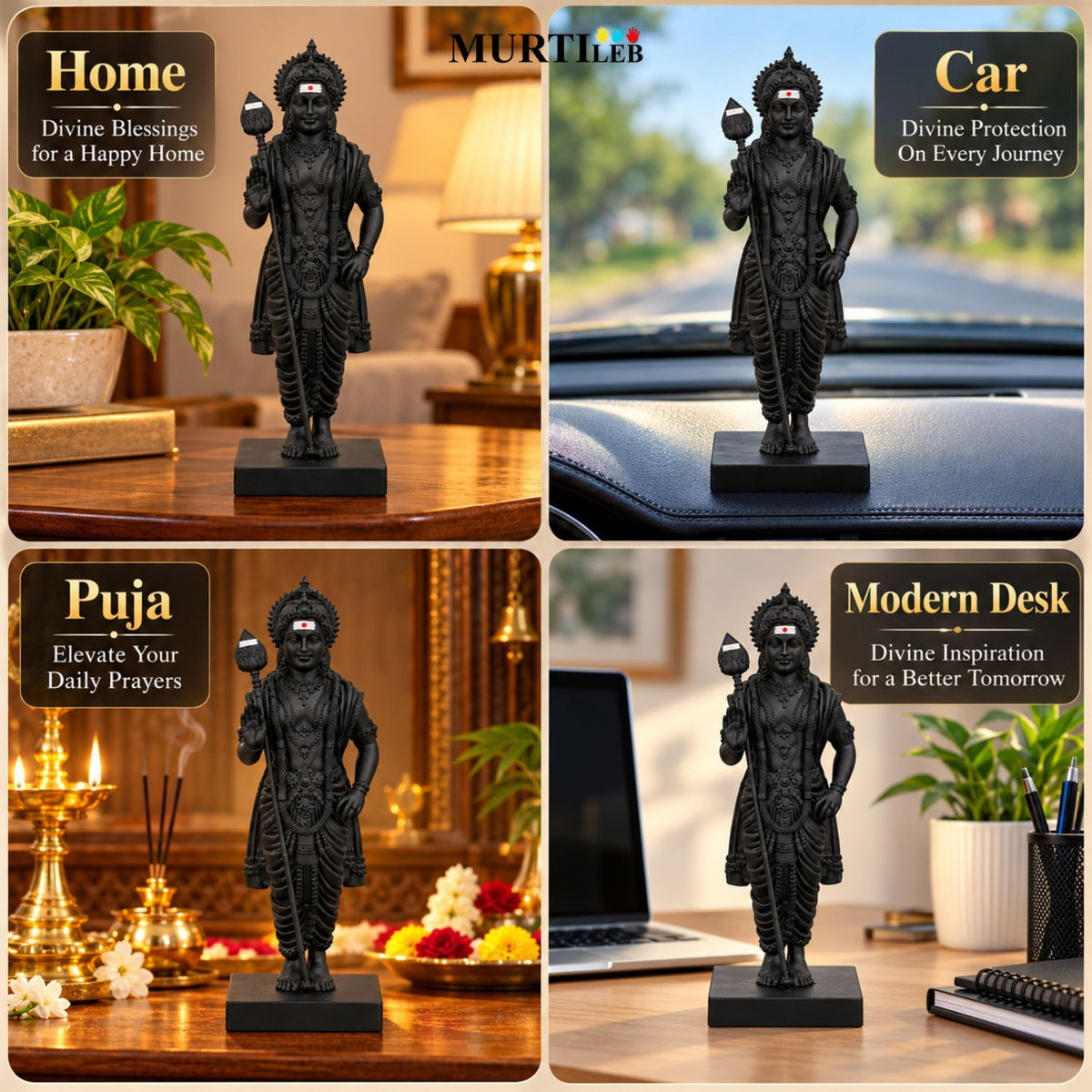 Lord Murugan Swamy 4 Inch Black | Premium UV Resin Murugan Statue | Divine Subramanya Murti for Home Mandir, Pooja Room, Office, Car Dashboard & Gifting
