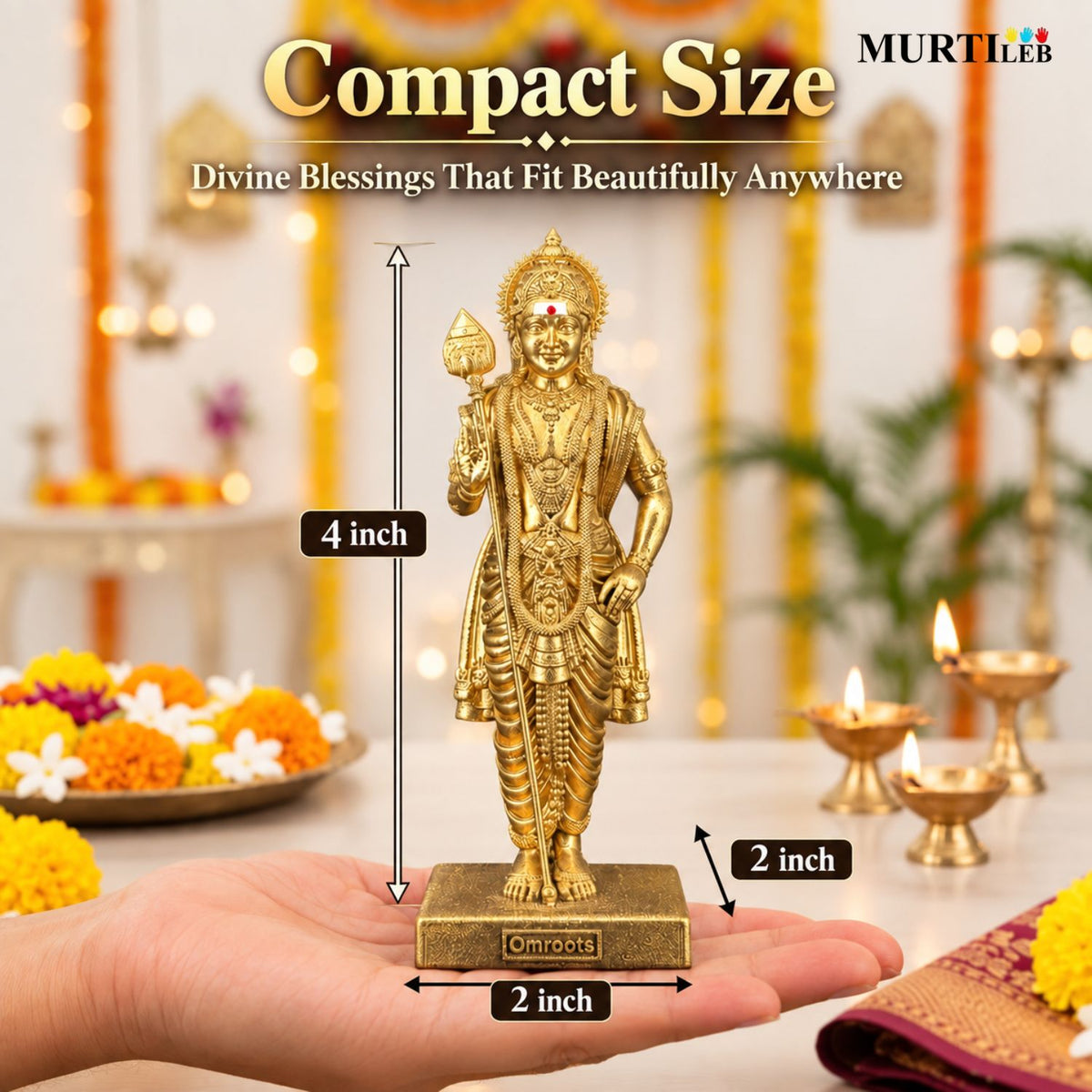 Lord Murugan Swamy Gold 4 Inch | Kartikeya Swamy Idol