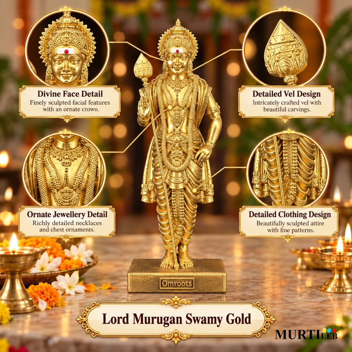 Lord Murugan Swamy Gold 7 Inch | Kartikeya Swamy Idol